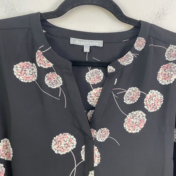 Daniel Rainn Womens Large Black Floral Dandelion V Neck Tunic Top Blouse Shirt - Picture 2 of 8